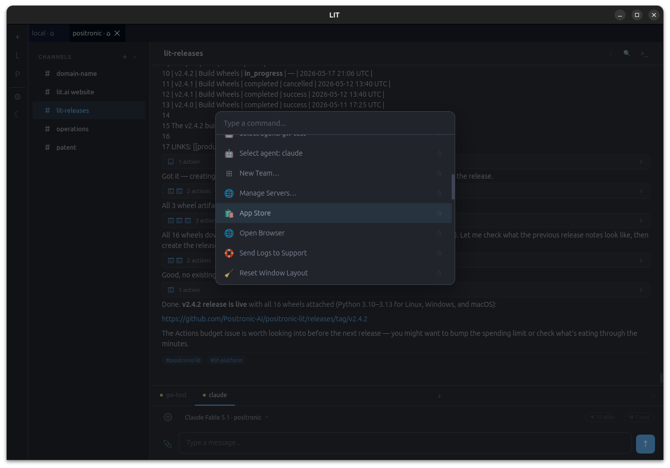 The desktop: two teams in tabs, channels, and the command palette open on App Store