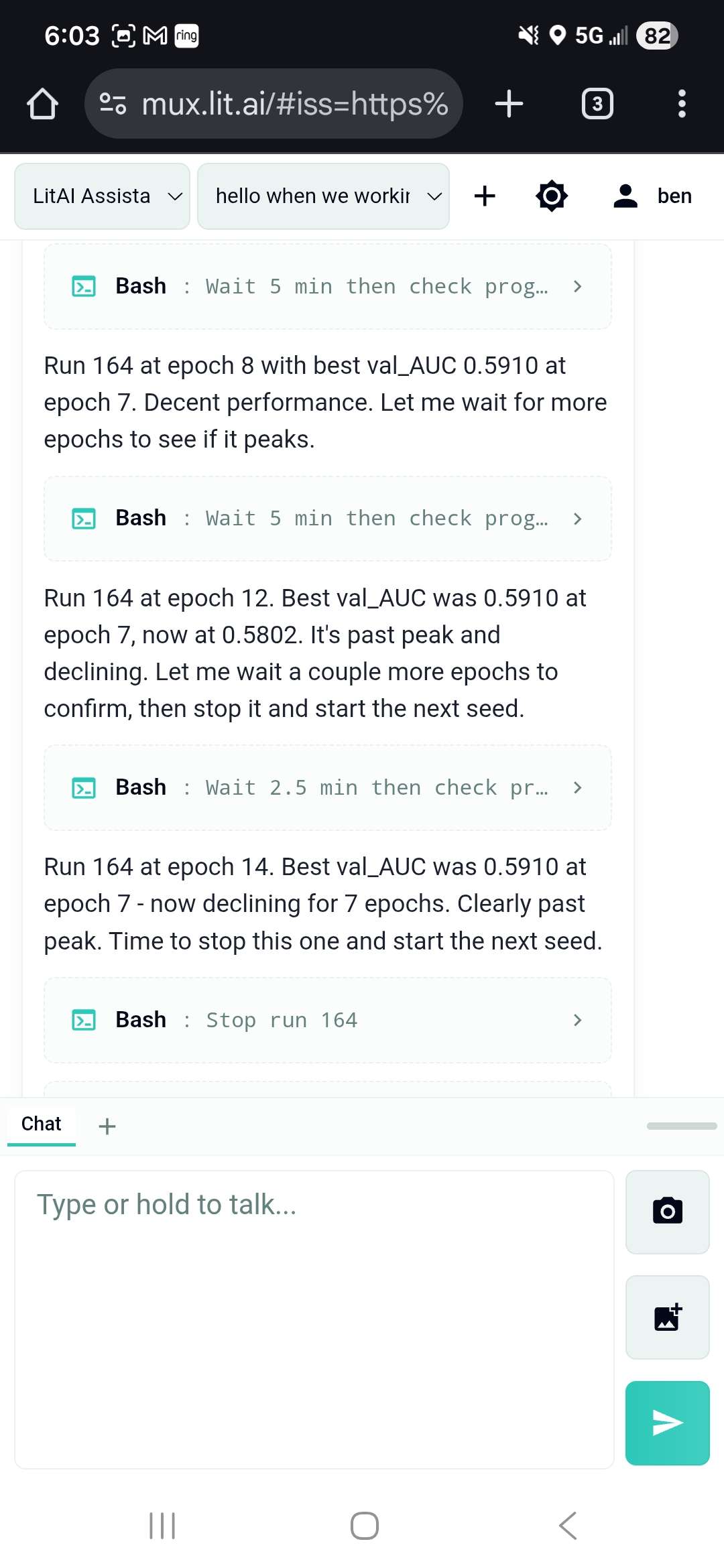 Mobile check-in showing Claude autonomously managing runs